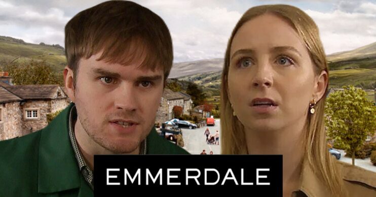 Emmerdale spoilers comp image: Tom and Belle looking angry and upset with show logo