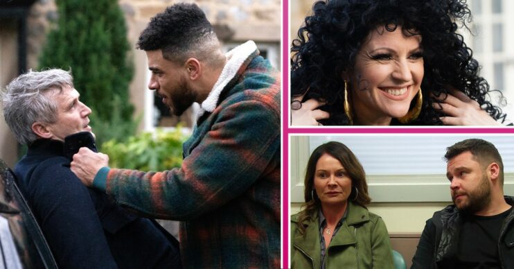 Emmerdale spoilers comp image: Caleb, Nate, Kerry, Chas, Aaron (Credit: ITV/Comp ED!)