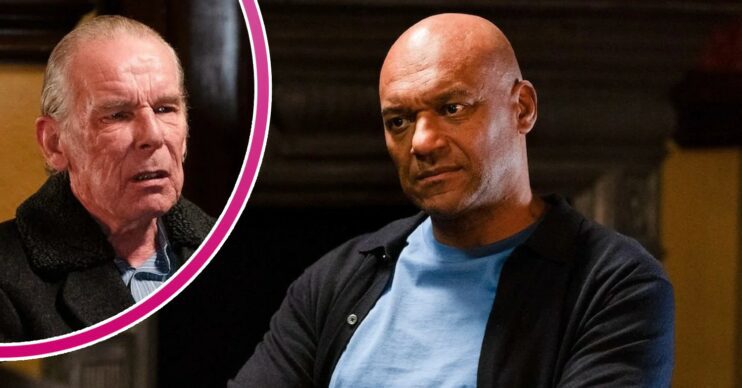 George looking worried on EastEnders; inset, Eddie looking nasty (Credit: BBC/Composite: ED!)