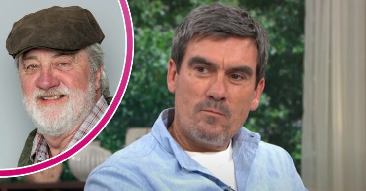 Jeff Hordley looking thoughtful; inset, Steve Halliwell (Credit: ITV/Composite: ED!)