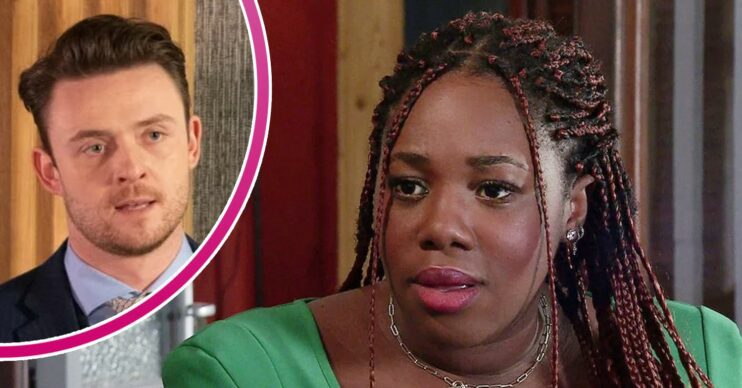Dee-Dee looks shocked; inset, Joel looking shady on Corrie (Credit: ITV/Composite: ED!)