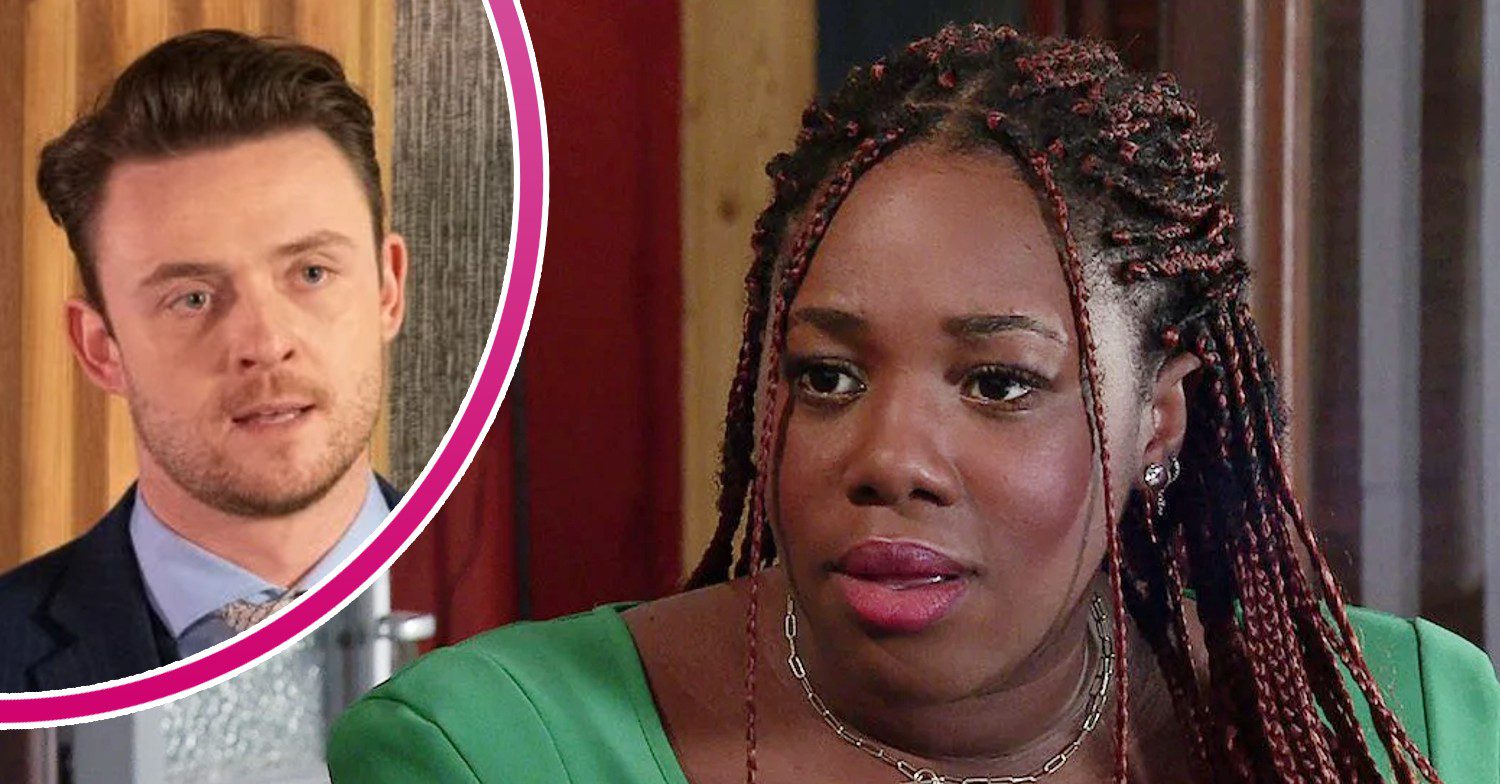 Dee-Dee looks shocked; inset, Joel looking shady on Corrie (Credit: ITV/Composite: ED!)