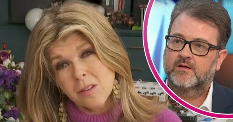 Kate Garraway looking sad and Derek Draper inset