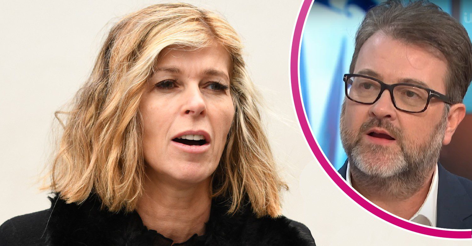 Kate Garraway wearing black and husband Derek inset
