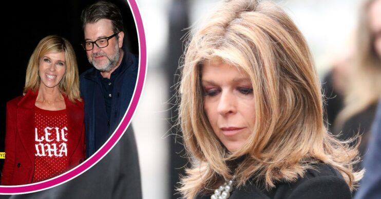 Kate Garraway looks down at Derek Draper funeral / her and Derek smiling