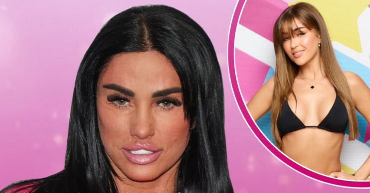 Katie Price black hair pouting on pink background with Georgia Steel in a black bikini for Love Island promotion shots