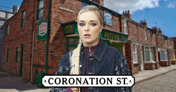 Lauren looks worried on Coronation Street against soap logo and background (Credit: ITV/Composite: ED!)