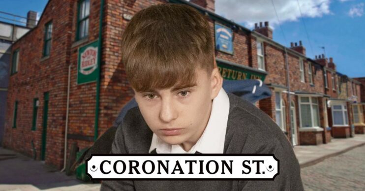 Liam on Coronation Street looking miserable against background and logo (Credit: ITV/Composite: ED!)
