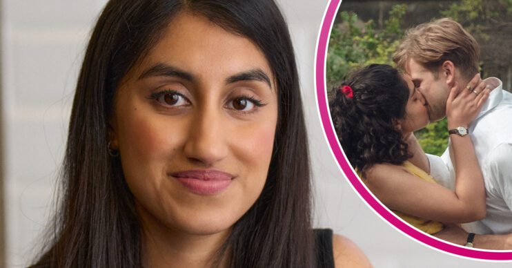 One Day star Ambika Mod smiling at the camera plus inset kissing co-star Leo Woodall in One Day