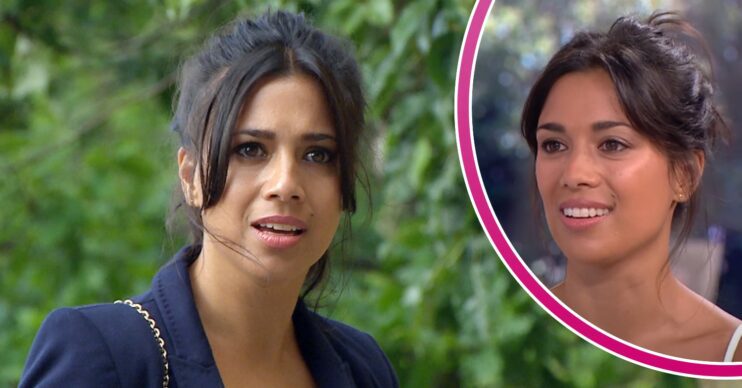 Priya looking worried on Emmerdale; inset, actor Fiona Wade smiles (Credit: ITV/Composite: ED!)