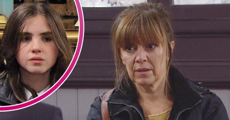 Rhona looks worried on Emmerdale; inset, April looks angry (Credit: ITV/Composite: ED!)