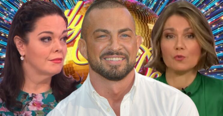 Lisa Riley, Robin Windsor and Susanna Reid in front of Strictly logo