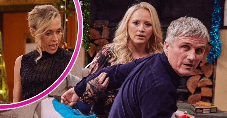 Caleb and Tracy caught in the act on Emmerdale; inset, Ruby looking vindictive (Credit: ITV/Composite: ED!)