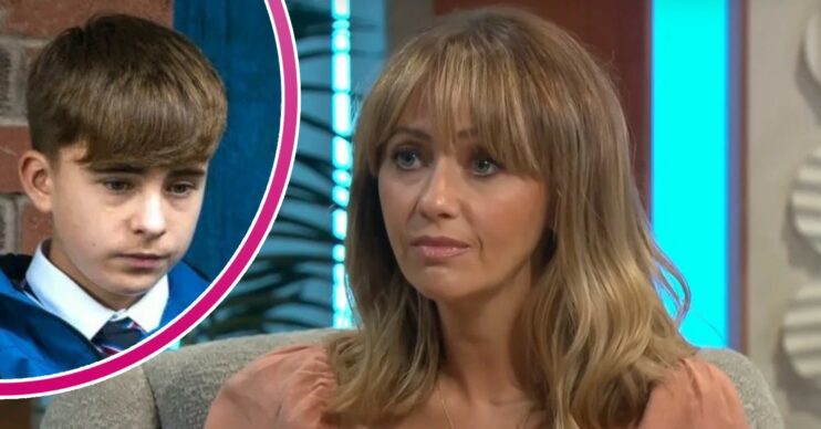 Samia Longhambon looking upset in an interview; inset, screen son Liam on Corrie (Credit: ITV/Composite: ED!)
