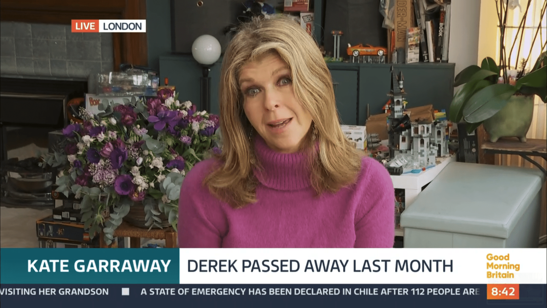 Kate Garraway being interviewed about Derek at her london home