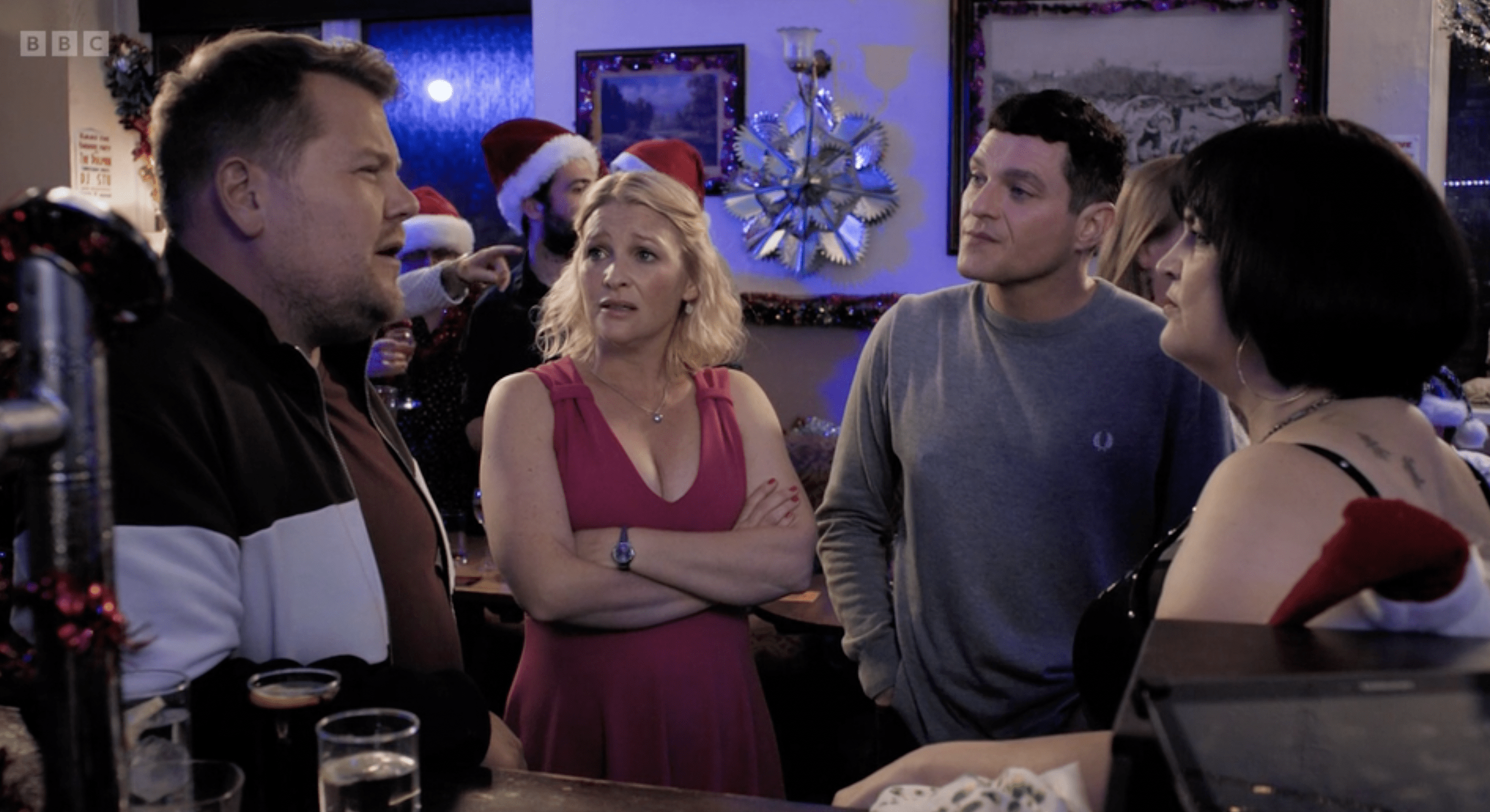 Smithy talking to Nessa while Gavin and Stacey watch on in the 2019 Gavin and Stacey Christmas special