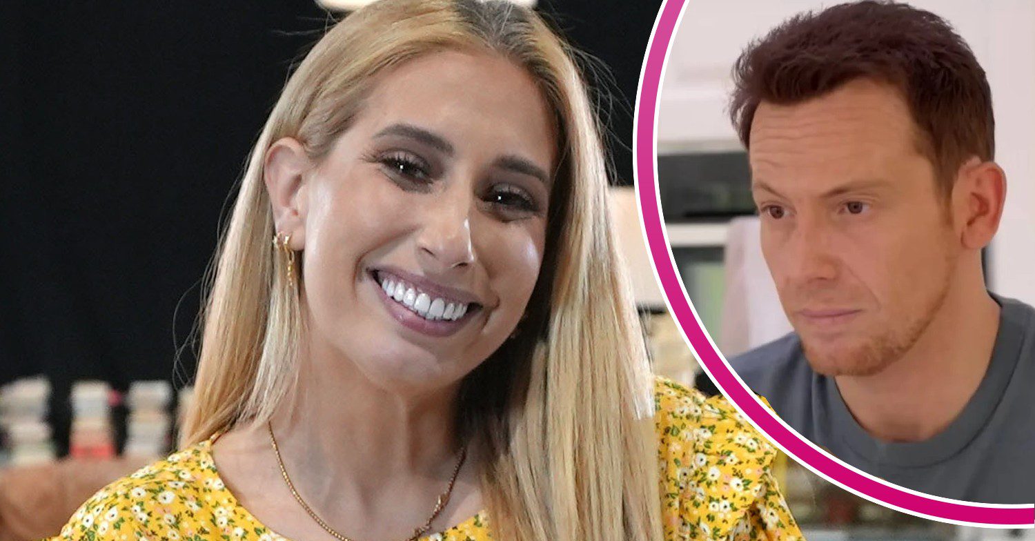 Stacey Solomon smiling and Joe Swash scowling