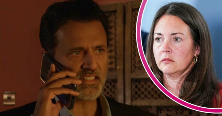 Nish looks menacing on the phone in EastEnders; inset, Stacey looking worried (Credit: ITV/Composite: ED!)
