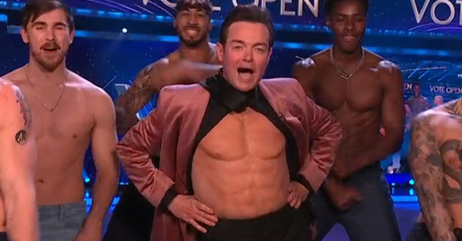 Stephen Mulhern open shirt with Magic Mike performers