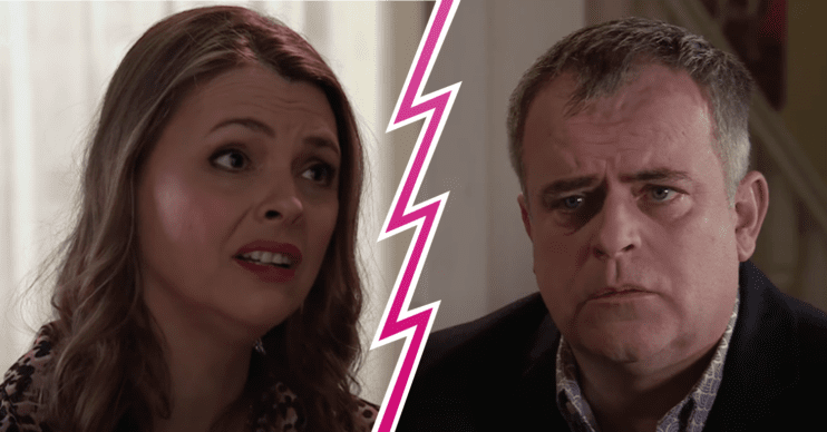 Composite of Steve and Tracy on Corrie with shattered border (Credit: ITV/Composite: ED!)