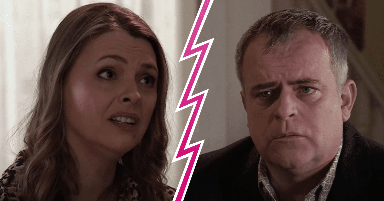 Composite of Steve and Tracy on Corrie with shattered border (Credit: ITV/Composite: ED!)