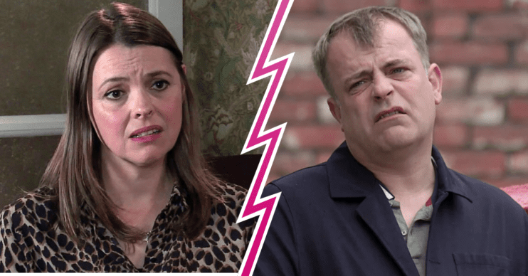 Composite image of Steve and Tracy on Coronation Street, both looking upset (Credit: ITV/Composite: ED!