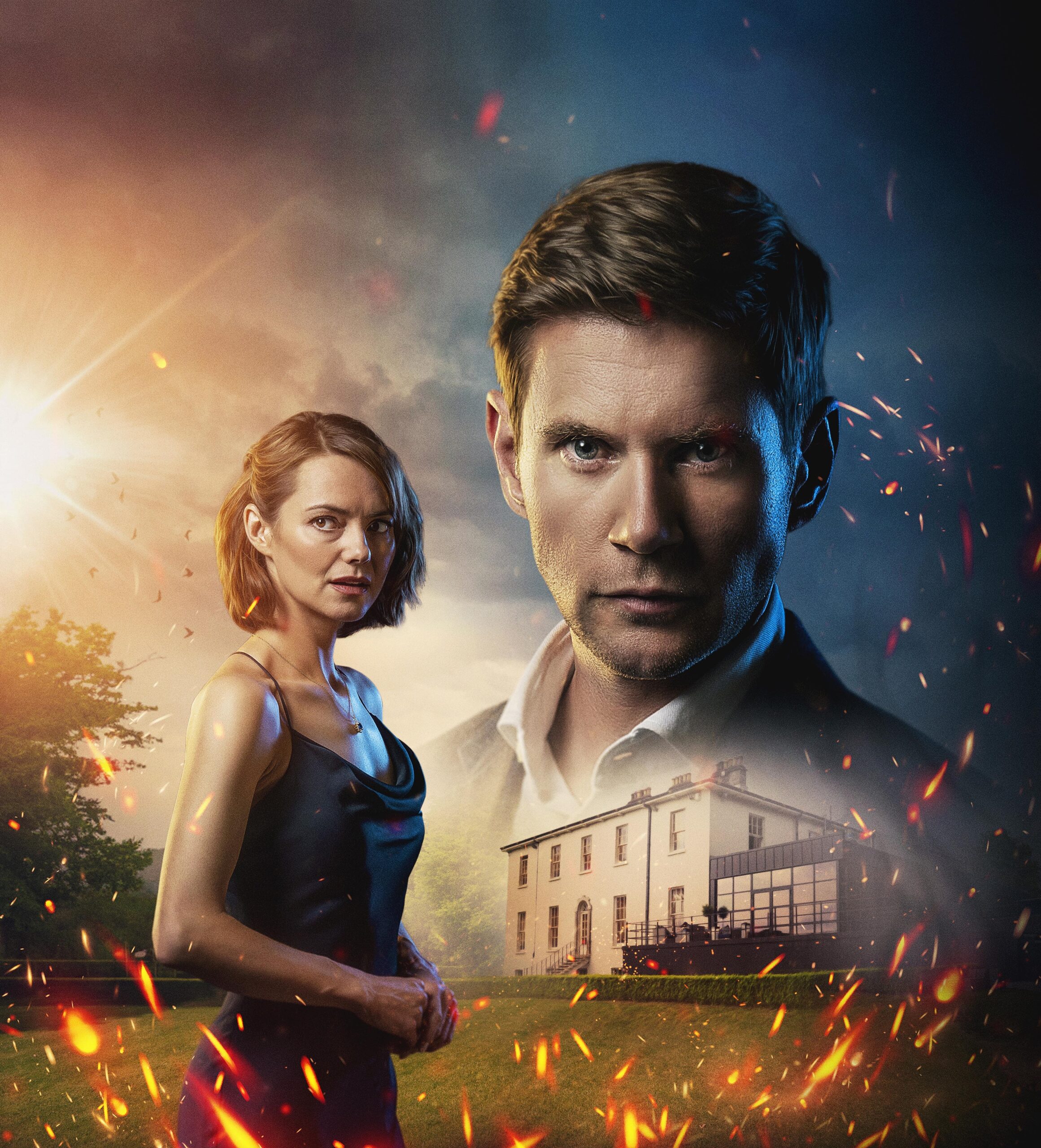 Rachel (Kara Tointon) and Elliot (Allen Leech) in a very dramatic key art for Too Good To Be True