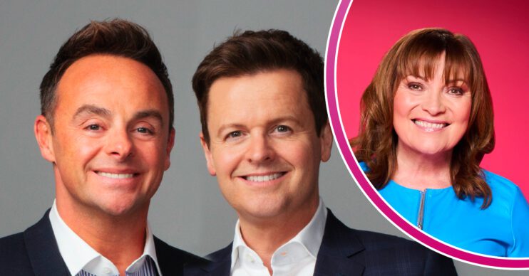 Headshots of Saturday Night Takeover season 20 presenters Ant and Dec, with inset headshot of Lorraine Kelly wearing blue