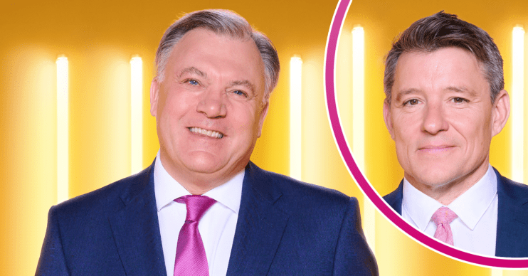 Ed Balls in a suit with pink tie with inset Ben Shephard in the same outfit