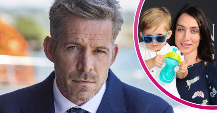 Sean Maguire in Death in Paradise with inset son Flynn Patrick Maguire and wife Tanya Flynn