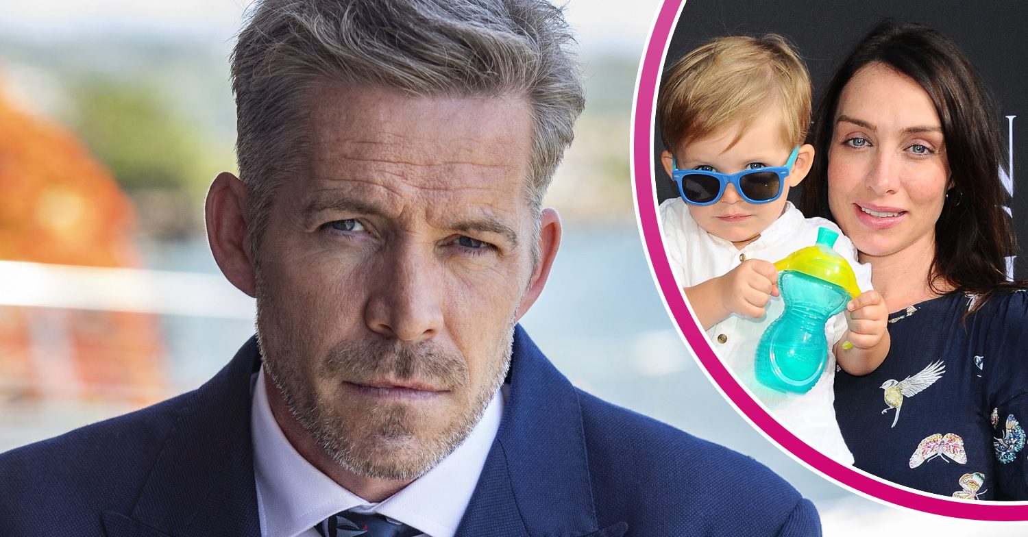 Sean Maguire in Death in Paradise with inset son Flynn Patrick Maguire and wife Tanya Flynn