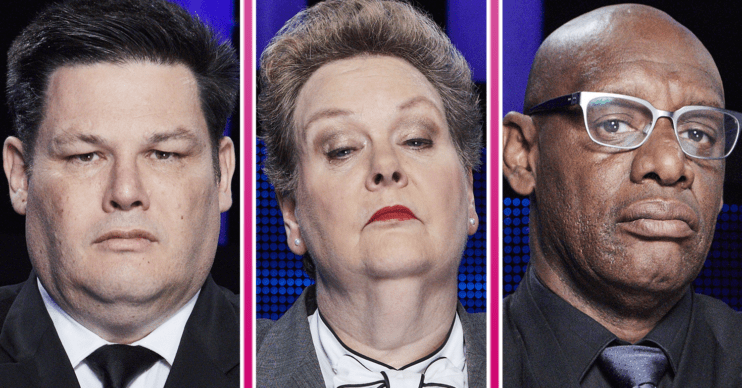 Headshots of The Chase chasers Mark Labbett, Anne Hegerty and Shaun Wallace