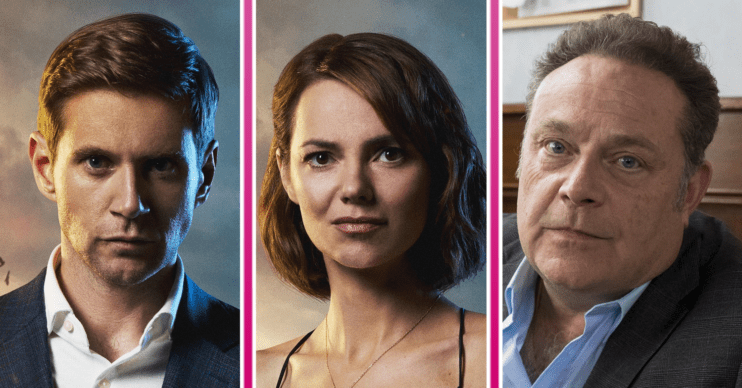 Headshots of Allen Leech, Kara Tointon and John Thomson in Channel 5 series Too Good to Be True