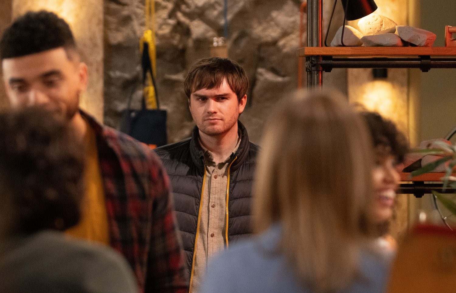 Tom looks angry on Emmerdale