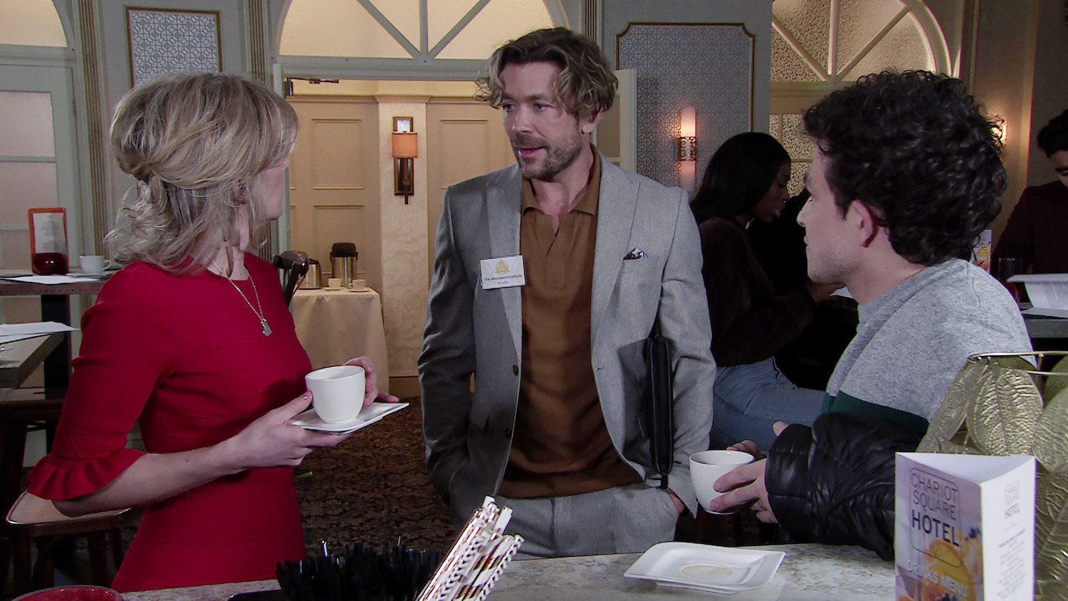 Coronation Street's Leanne and Simon are talking to Rowan at the hotel