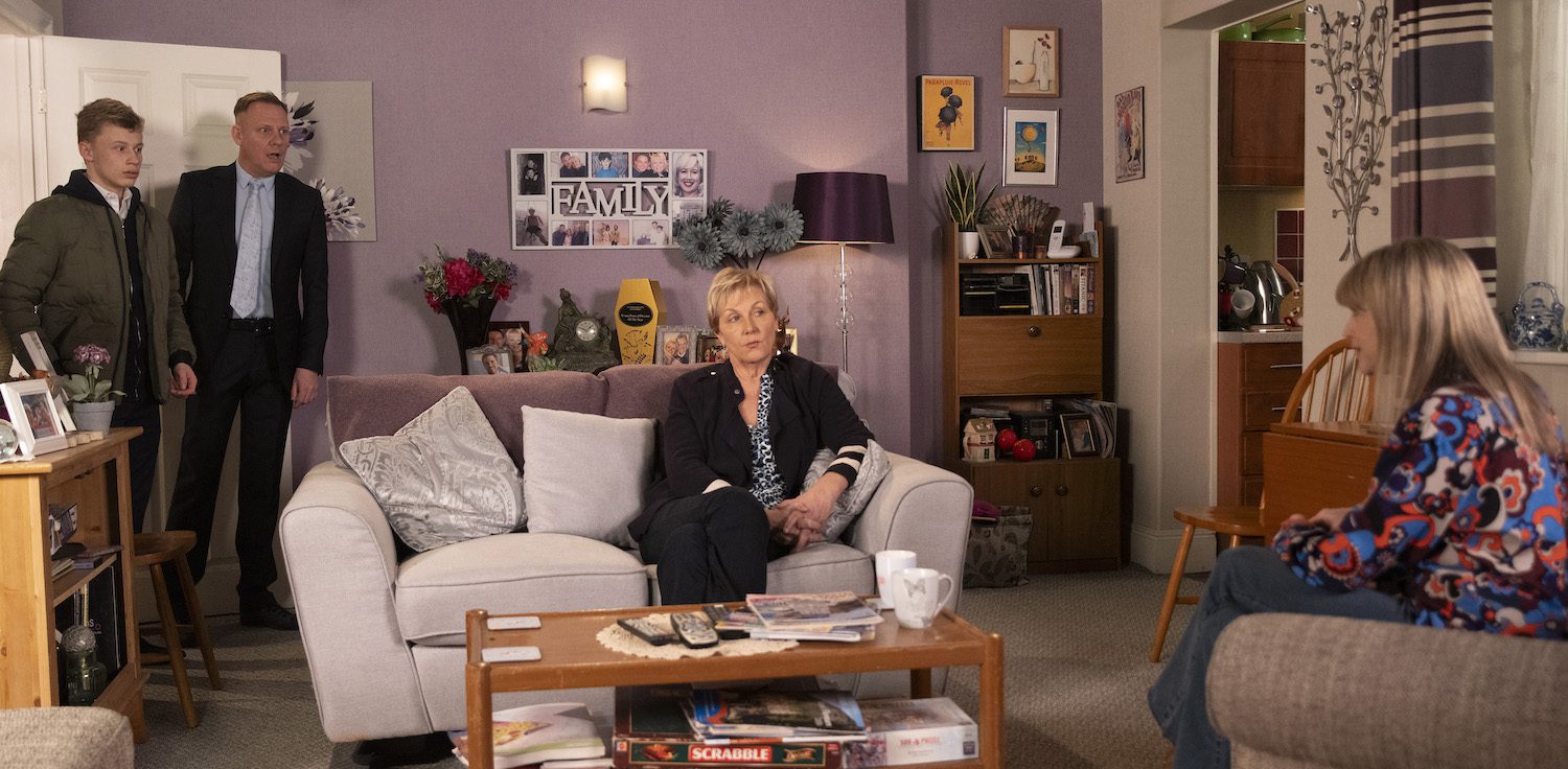 Coronation Street spoilers: Dylan and Sean look shocked as they come through the door and find Eileen and Violet on the sofa