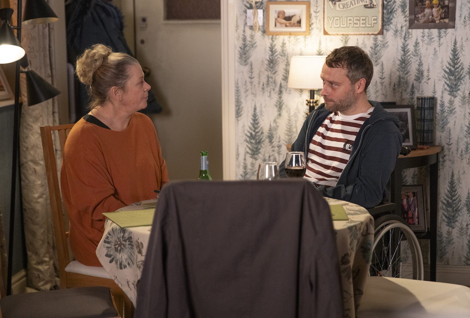Paul and Bernie looking anxious on Coronation Street