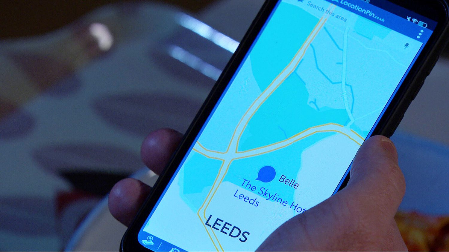 Close-up of Tom's phone, which shows a map on Emmerdale