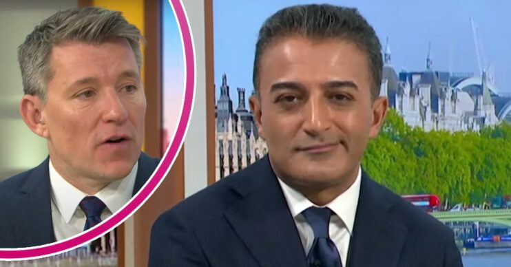 Ben Shephard looks serious, Adil Ray looks at the camera during a Good Morning Britain show