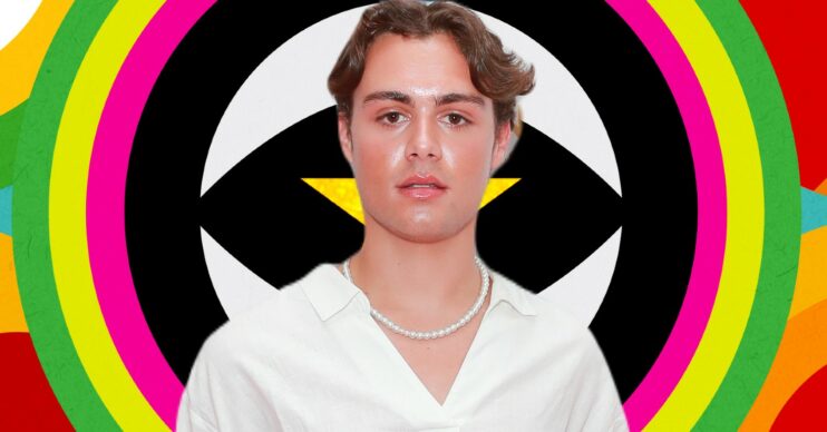 Bradley Riches in front of Celebrity Big Brother logo