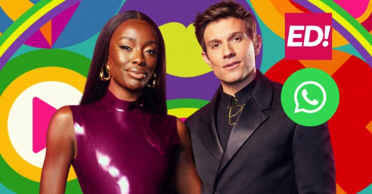 Celebrity Big Brother hosts AJ Odudu and Will Best and WhatsApp logo