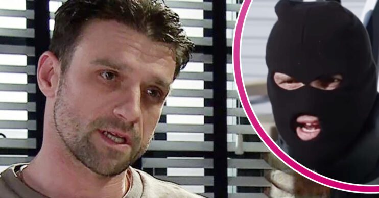 Coronation Street's Damon, and in a bubble is Damon is a mask