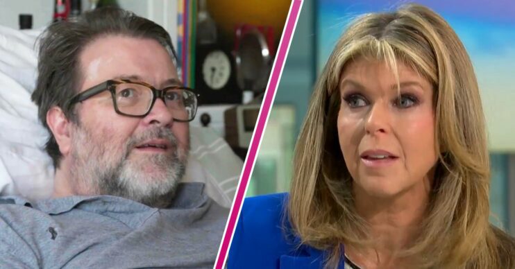 Derek Draper sitting in a hospital bed and Kate Garraway wearing a blue shirt on GMB
