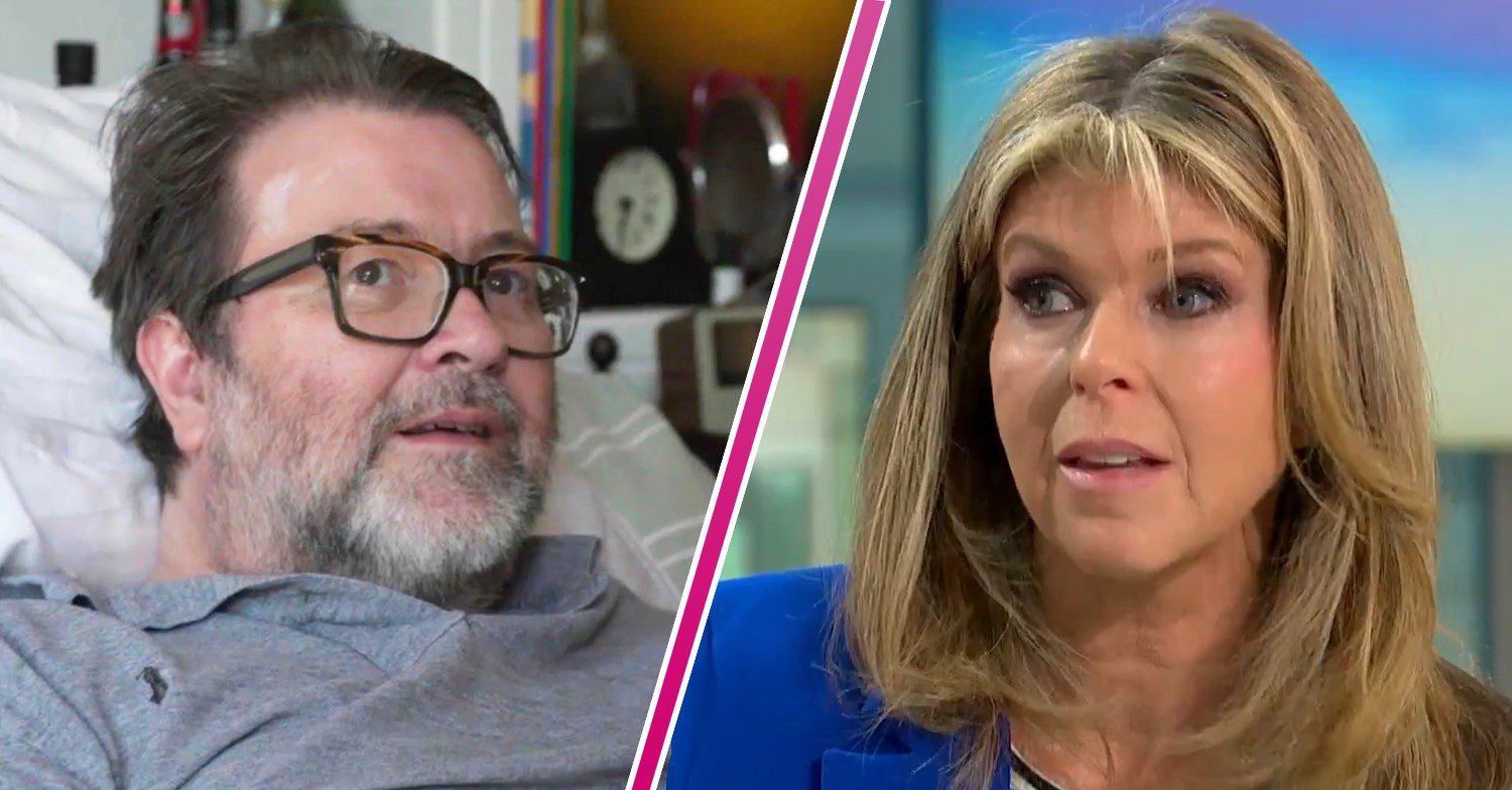 Derek Draper sitting in a hospital bed and Kate Garraway wearing a blue shirt on GMB