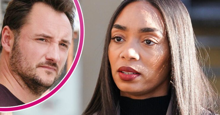 EastEnders' Chelsea, and in a bubble is Martin