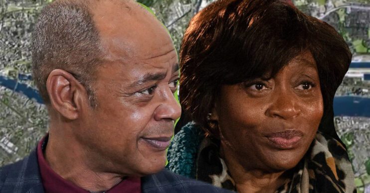 EastEnders' Pastor Clayton, Yolande, the background of the Thames