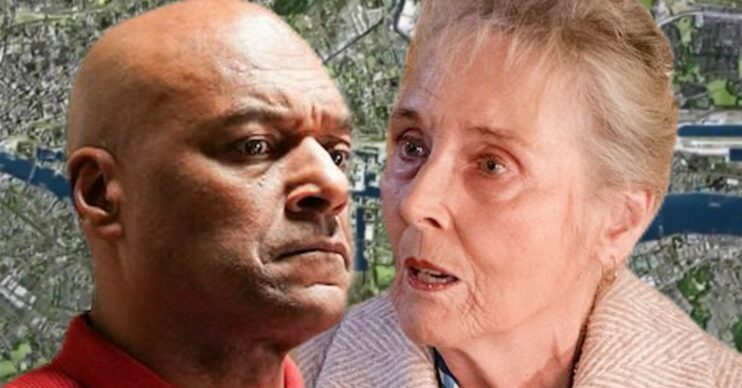 EastEnders' George, Gloria, the background of the Thames