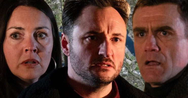 EastEnders' Stacey, Martin, Jack, the background of the Thames