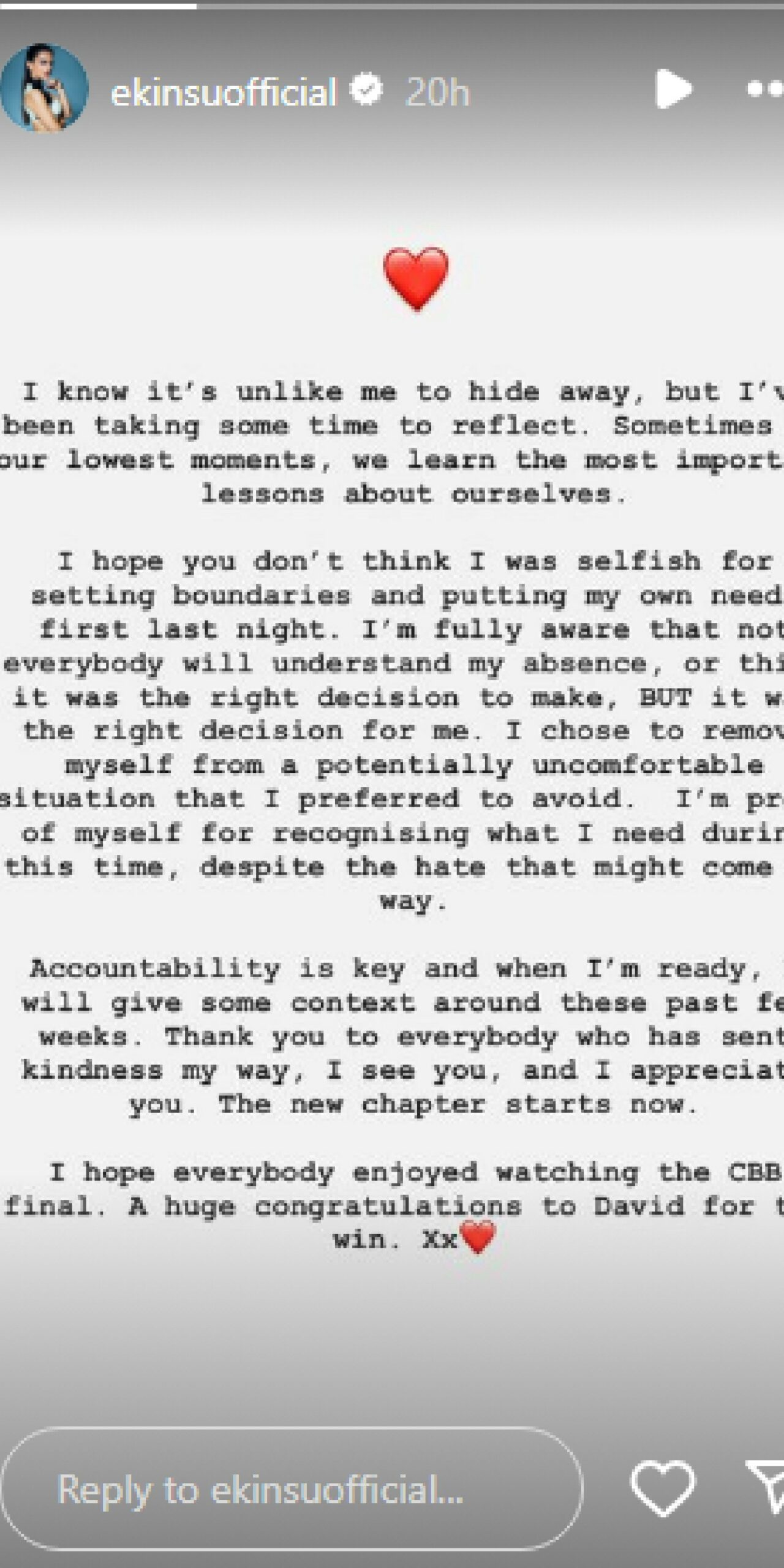 Ekin-Su shares statement on Instagram Stories