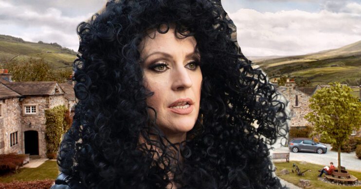 Emmerdale's Kerry in a Cher wig, the background of the Dales